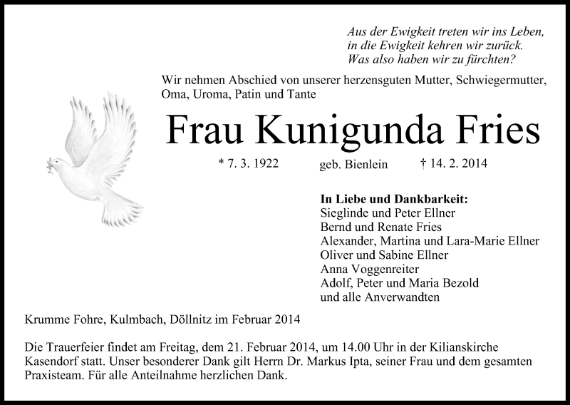  Traueranzeige für Kunigunda Fries vom 18.02.2014 aus MGO