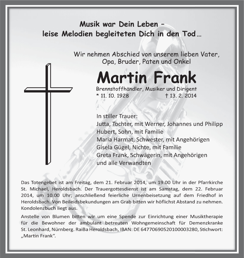  Traueranzeige für Martin Frank vom 18.02.2014 aus MGO