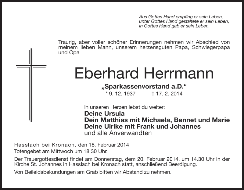  Traueranzeige für Eberhard Herrmann vom 18.02.2014 aus MGO