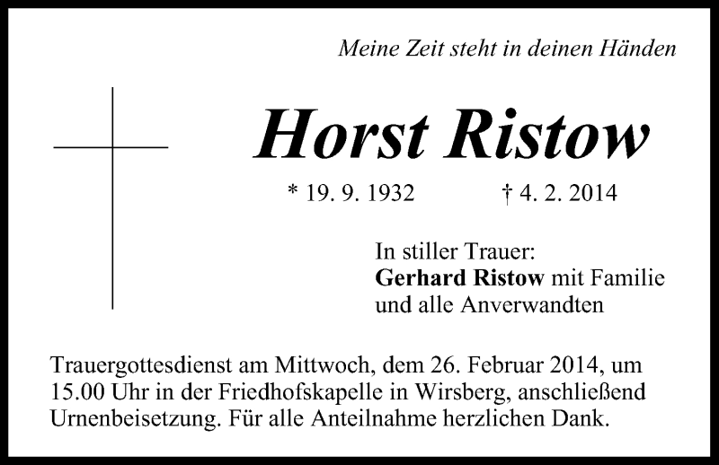  Traueranzeige für Horst Ristow vom 22.02.2014 aus MGO