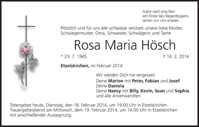 Traueranzeige für Rosa Maria Hösch vom 18.02.2014 aus MGO