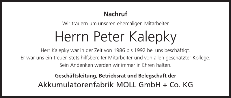  Traueranzeige für Peter Kalepky vom 18.02.2014 aus MGO