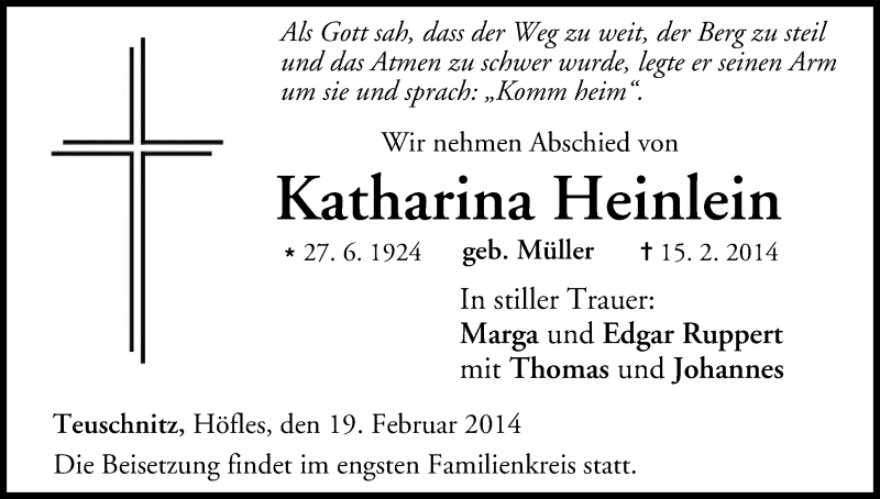  Traueranzeige für Katharina Heinlein vom 19.02.2014 aus MGO