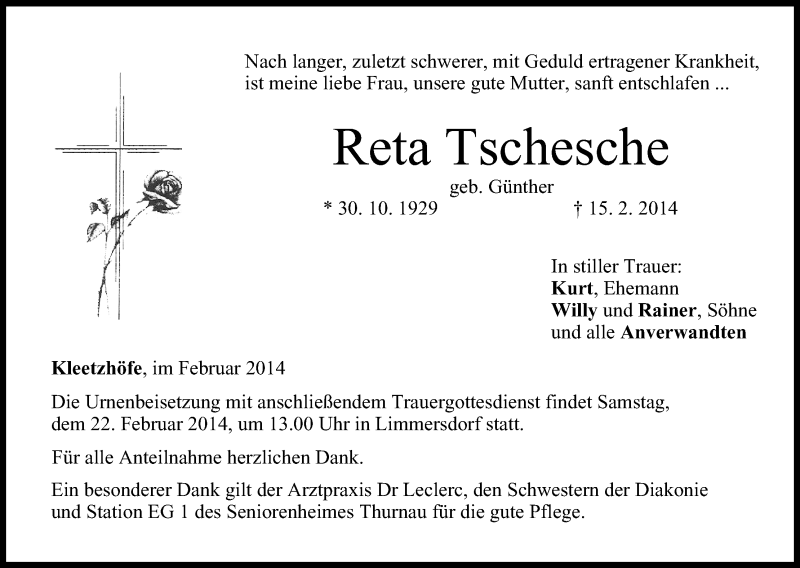  Traueranzeige für Reta Teschede vom 19.02.2014 aus MGO