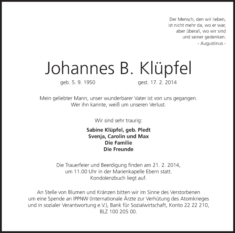  Traueranzeige für Johannes B. Klüpfel vom 19.02.2014 aus MGO