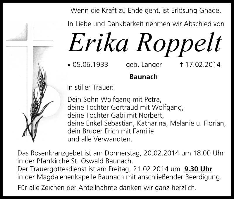  Traueranzeige für Erika Roppelt vom 19.02.2014 aus MGO