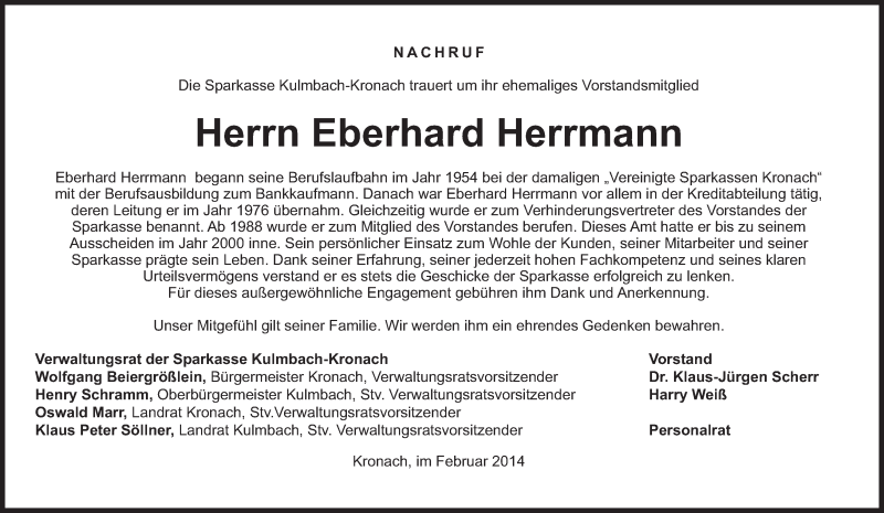  Traueranzeige für Eberhard Herrmann vom 19.02.2014 aus MGO