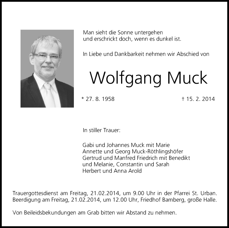  Traueranzeige für Wolfgang Muck vom 19.02.2014 aus MGO