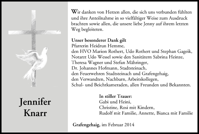  Traueranzeige für Jennifer Knarr vom 22.02.2014 aus MGO