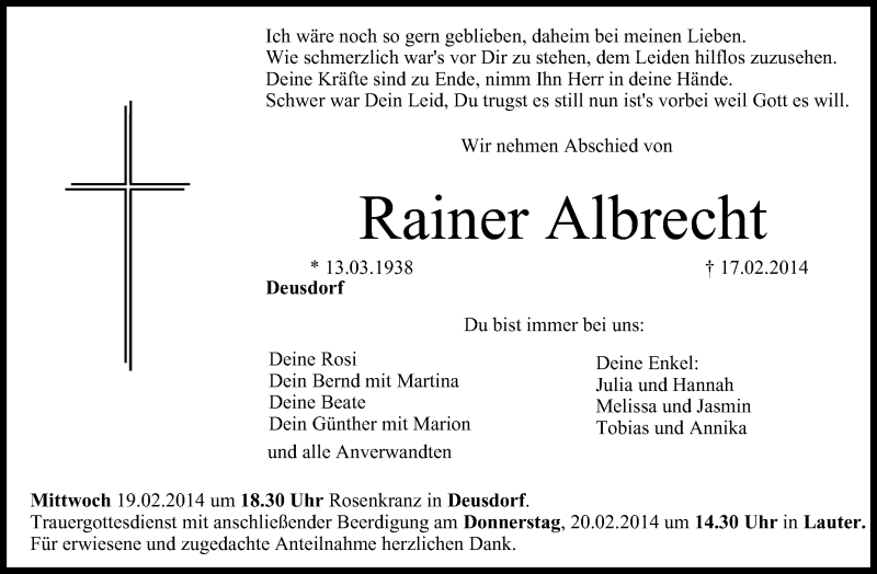  Traueranzeige für Rainer Albrecht vom 19.02.2014 aus MGO