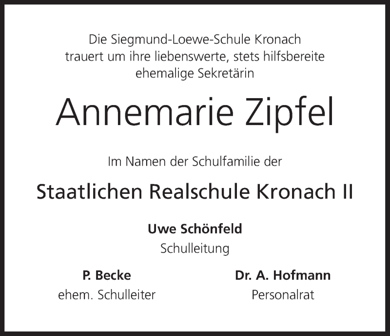  Traueranzeige für Annemarie Zipfel vom 19.02.2014 aus MGO
