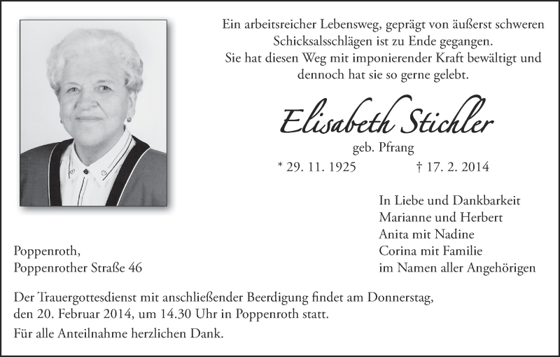  Traueranzeige für Elisabeth Stichler vom 19.02.2014 aus MGO
