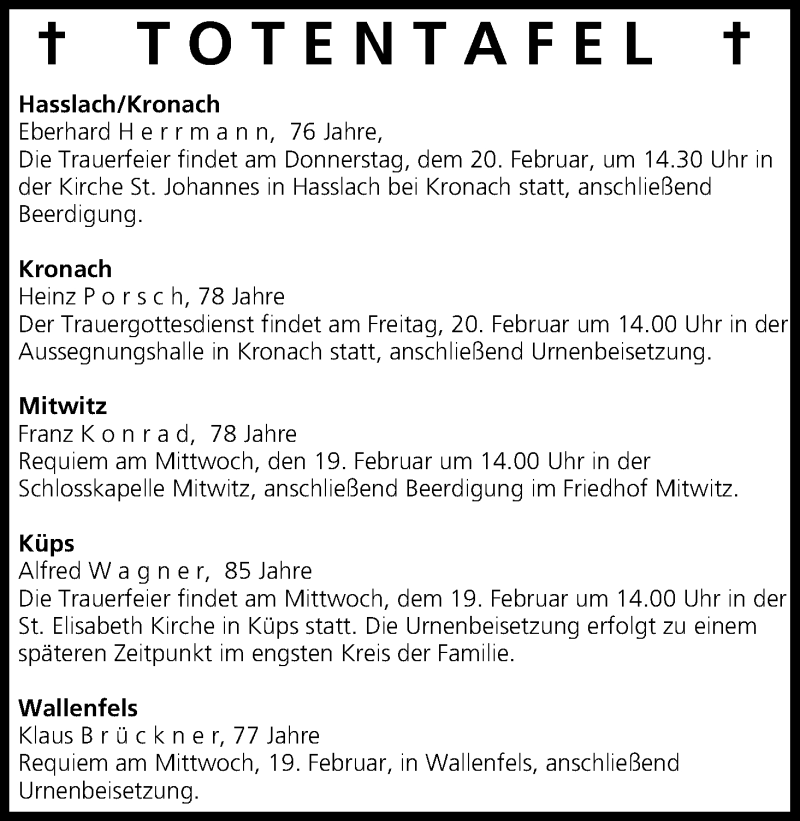  Traueranzeige für Totenafel vom 19022014 vom 19.02.2014 aus MGO