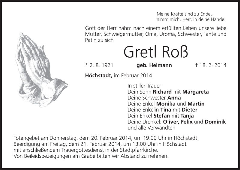  Traueranzeige für Gretl Roß vom 19.02.2014 aus MGO