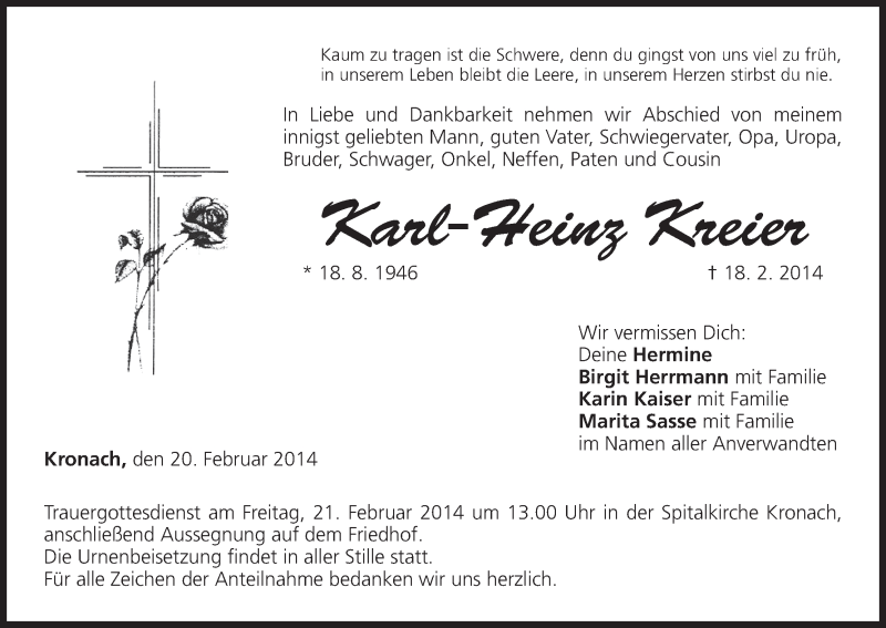  Traueranzeige für Karl-Heinz Kreier vom 20.02.2014 aus MGO