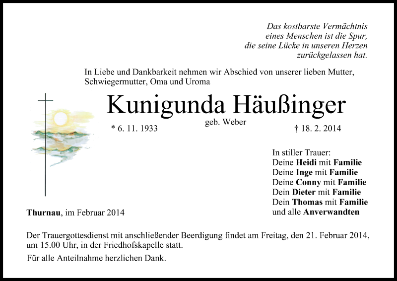  Traueranzeige für Kunigunda Häußinger vom 20.02.2014 aus MGO