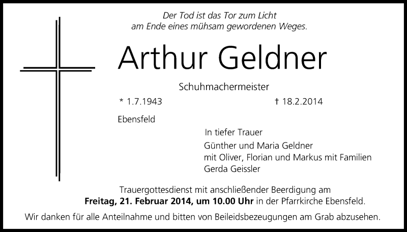  Traueranzeige für Arthur Geldner vom 20.02.2014 aus MGO