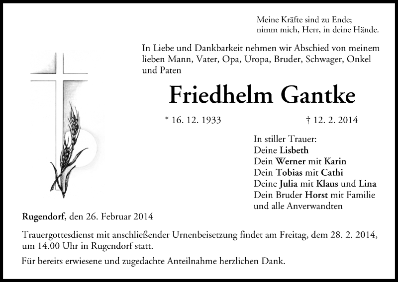  Traueranzeige für Friedhelm Gantke vom 26.02.2014 aus MGO