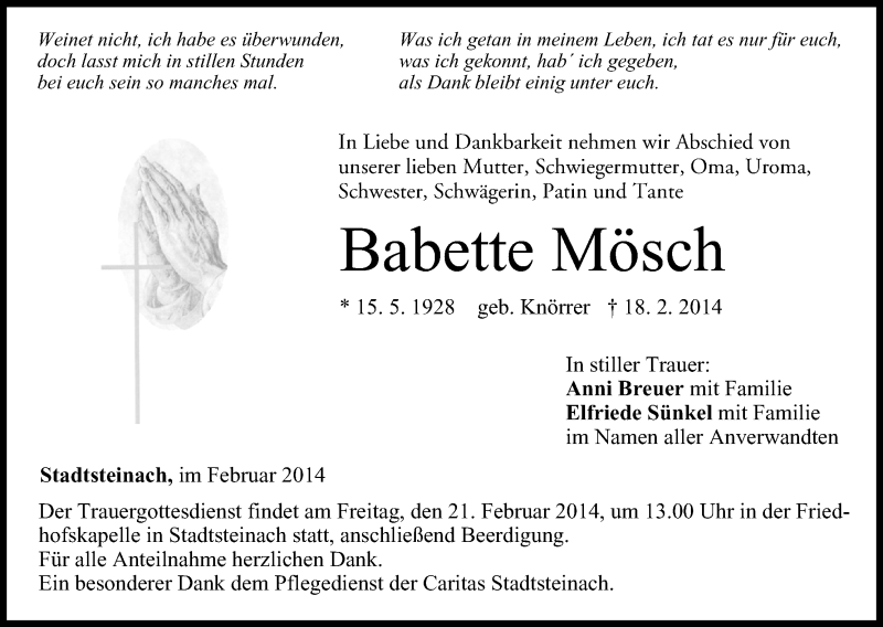  Traueranzeige für Babette Mösch vom 20.02.2014 aus MGO