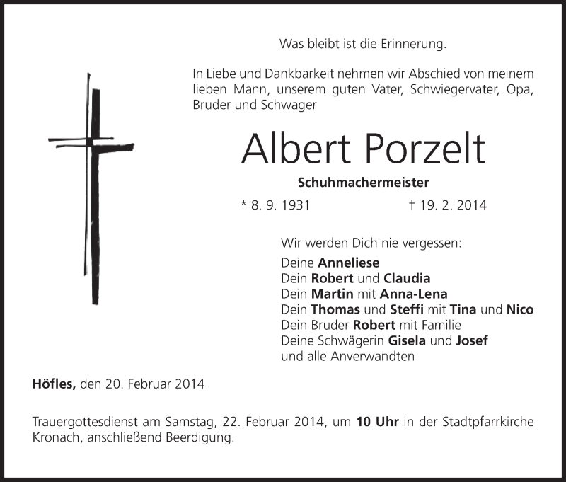  Traueranzeige für Albert Porzelt vom 20.02.2014 aus MGO