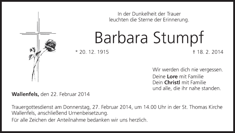  Traueranzeige für Barbara Stumpf vom 22.02.2014 aus MGO