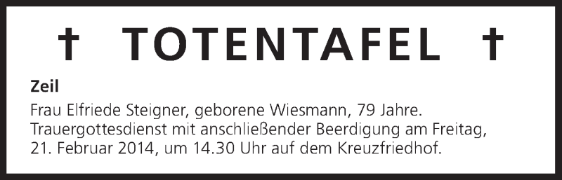  Traueranzeige für Totentafel vom 21.02.2014 vom 21.02.2014 aus MGO