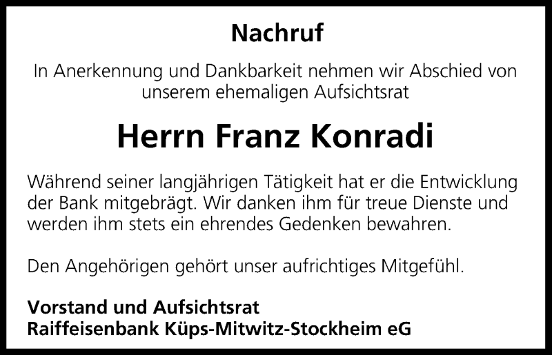  Traueranzeige für Franz Konradi vom 21.02.2014 aus MGO