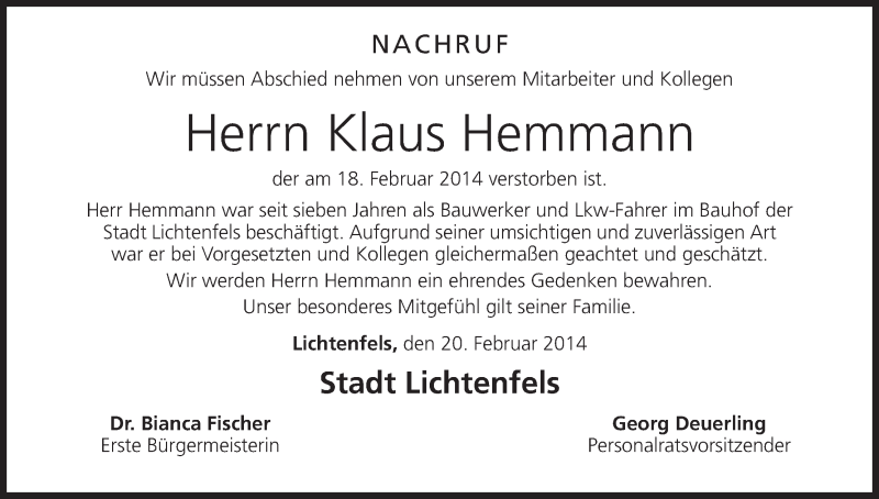  Traueranzeige für Klaus Hemmann vom 21.02.2014 aus MGO