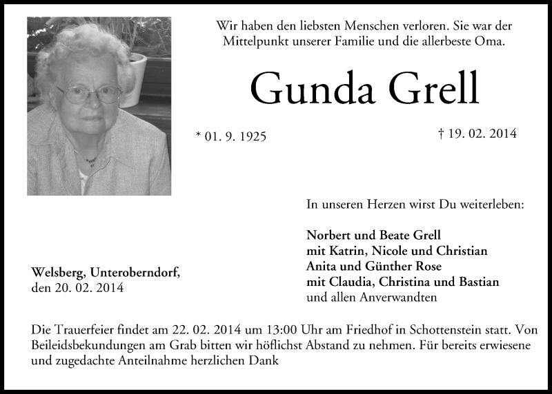  Traueranzeige für Gunda Grell vom 21.02.2014 aus MGO