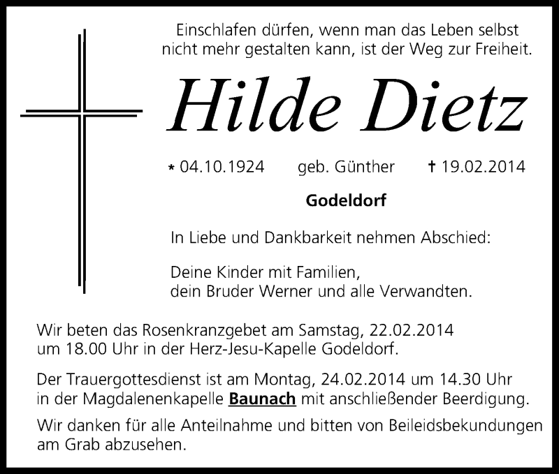  Traueranzeige für Hilde Dietz vom 21.02.2014 aus MGO