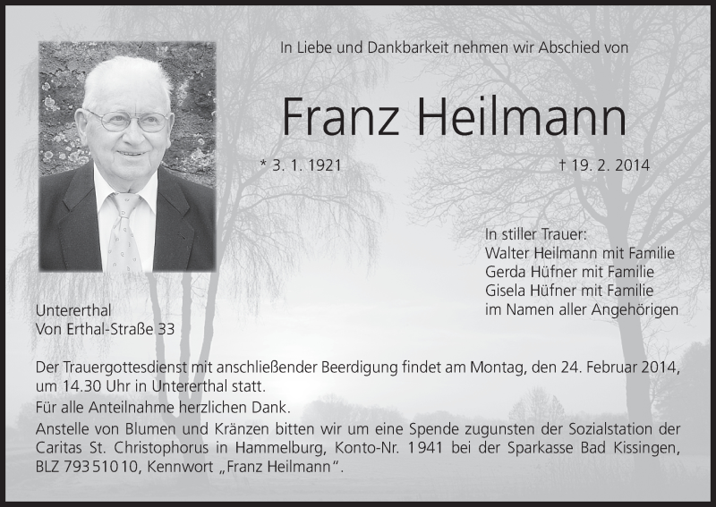  Traueranzeige für Franz Heilmann vom 22.02.2014 aus MGO