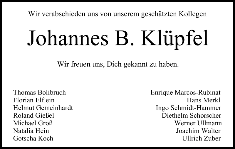  Traueranzeige für Johannes B. Klüpfel vom 22.02.2014 aus MGO