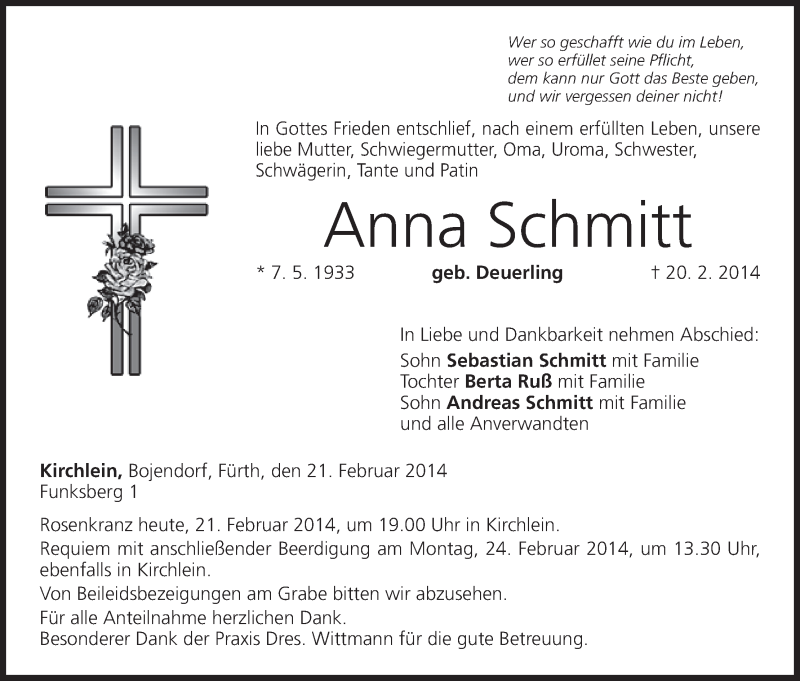  Traueranzeige für Anna Schmitt vom 21.02.2014 aus MGO