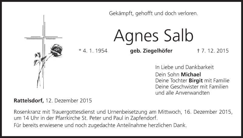  Traueranzeige für Agnes Salb vom 12.12.2015 aus MGO