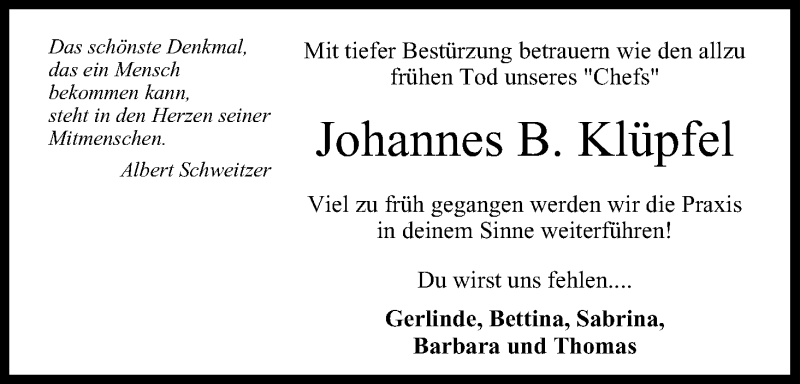  Traueranzeige für Johannes B. Klüpfel vom 22.02.2014 aus MGO
