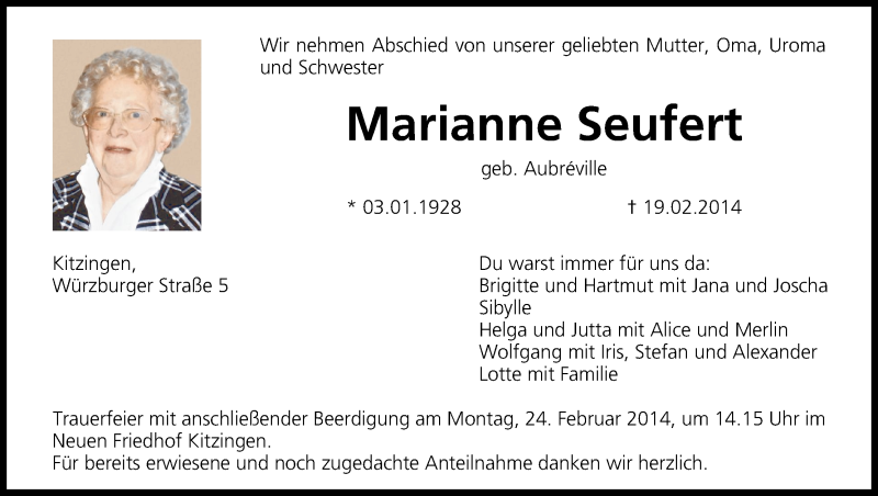  Traueranzeige für Marianne Seufert vom 22.02.2014 aus MGO