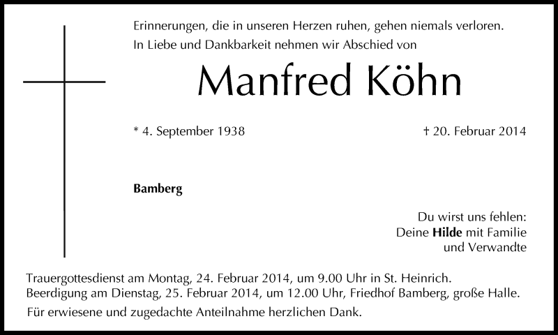  Traueranzeige für Manfred Köhn vom 22.02.2014 aus MGO