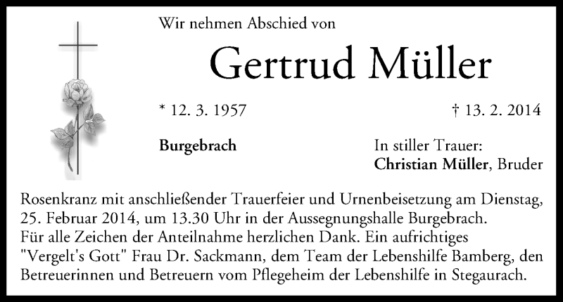  Traueranzeige für Gertrud Müller vom 22.02.2014 aus MGO
