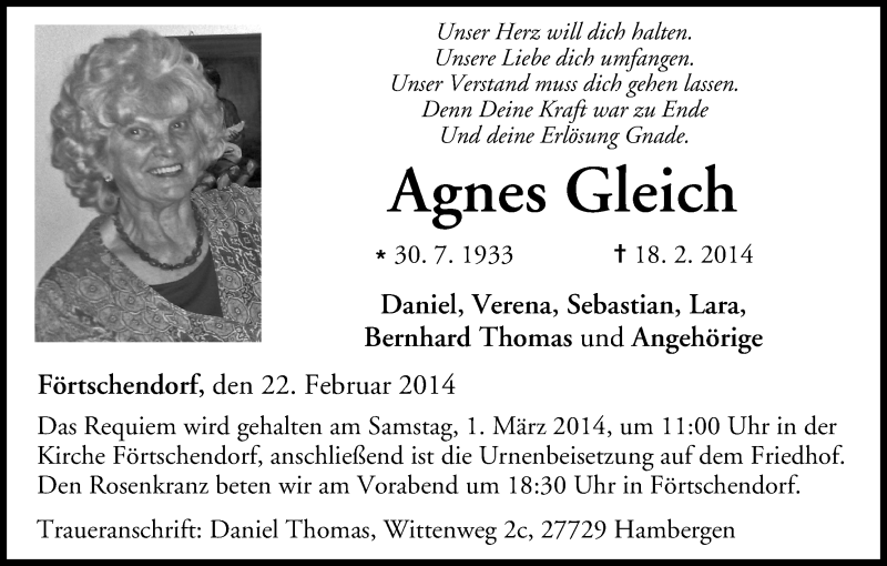  Traueranzeige für Agnes Gleich vom 22.02.2014 aus MGO