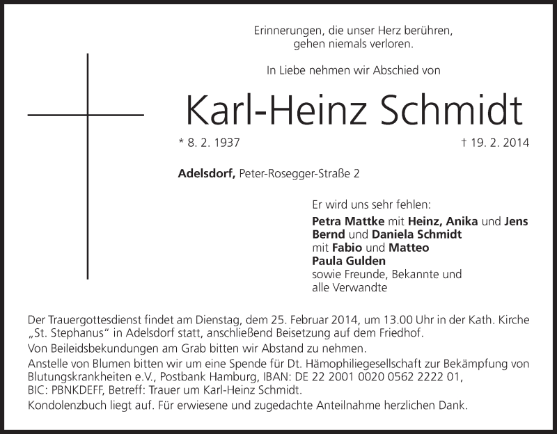 Traueranzeige für Karl-Heinz Schmidt vom 22.02.2014 aus MGO