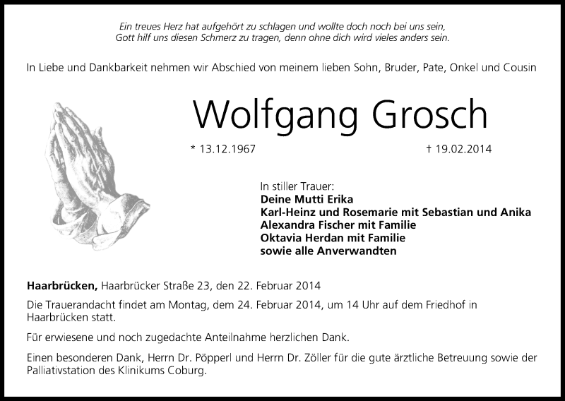  Traueranzeige für Wolfgang Grosch vom 22.02.2014 aus MGO