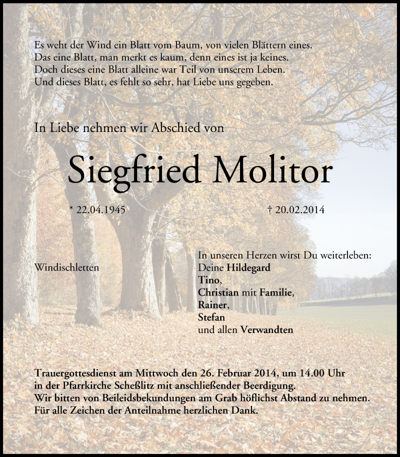  Traueranzeige für Siegfried Molitor vom 22.02.2014 aus MGO