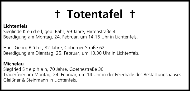  Traueranzeige für Totentafel vom 22.02.2014 vom 22.02.2014 aus MGO