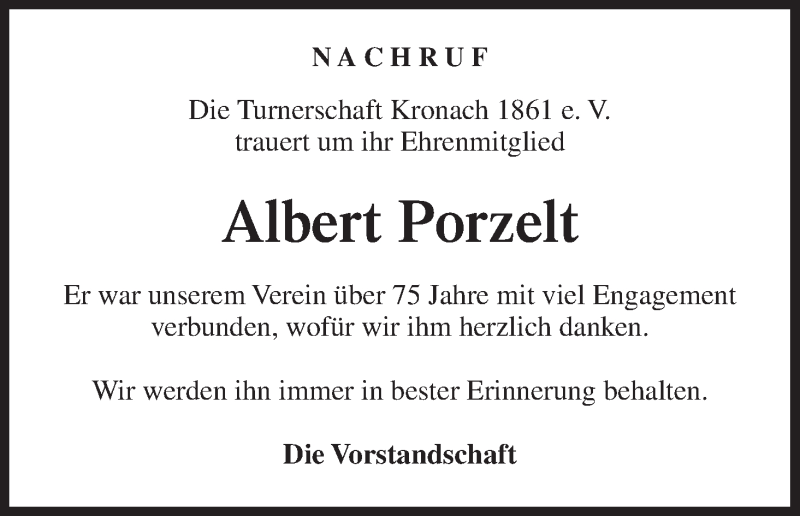  Traueranzeige für Albert Porzelt vom 22.02.2014 aus MGO