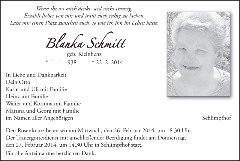  Traueranzeige für Blanka Schmitt vom 24.02.2014 aus MGO