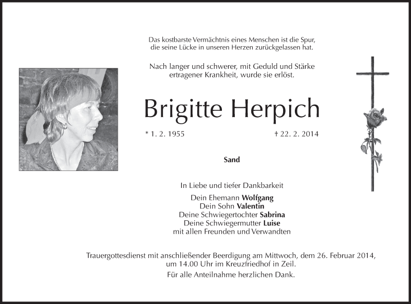  Traueranzeige für Brigitte Herpich vom 24.02.2014 aus MGO