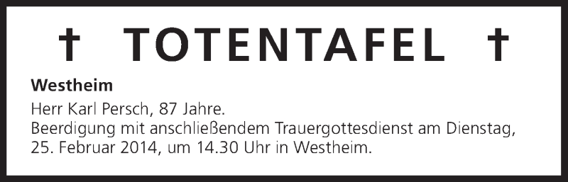  Traueranzeige für Totentafel vom 24.02.2014 vom 24.02.2014 aus MGO