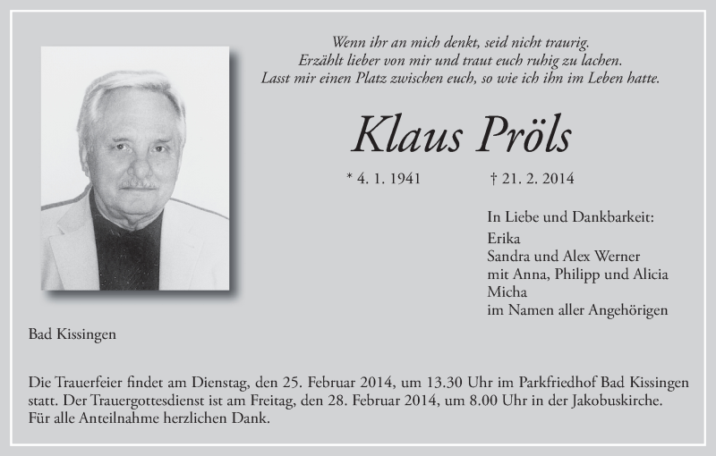  Traueranzeige für Klaus Pröls vom 22.02.2014 aus MGO