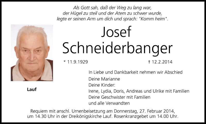  Traueranzeige für Josef Schneiderbanger vom 22.02.2014 aus MGO
