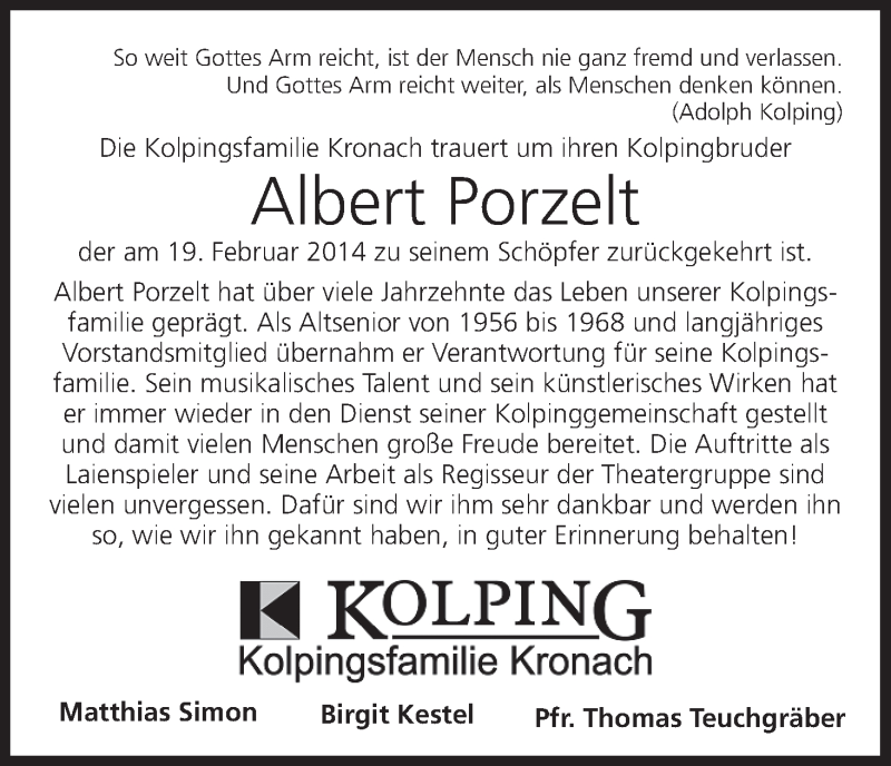  Traueranzeige für Albert Porzelt vom 22.02.2014 aus MGO